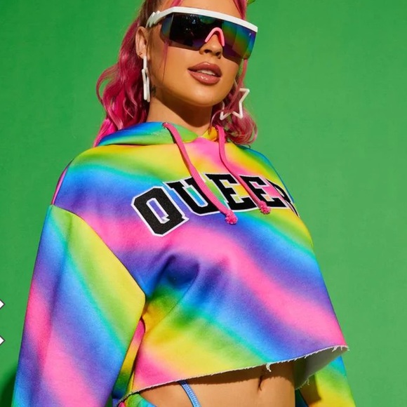 Dolls Kill Club Exx Playful Player Queer 69 Cropped Hoodie Rainbow Size Large - Picture 7 of 11